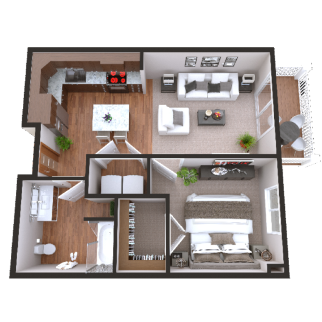 Floor plan for 1 bed, 1 bath, 620 sqft